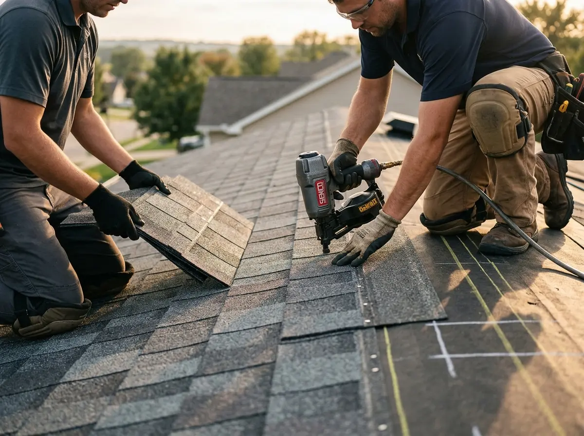 Professional roofer working on a residential roof in Marietta